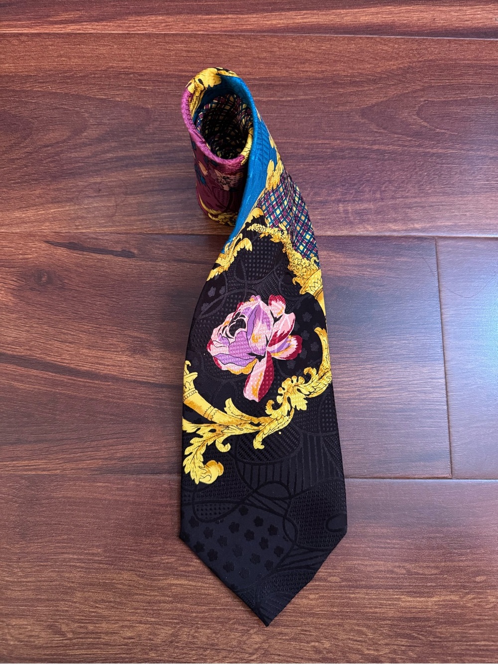CARLO PALAZZI Black Floral Baroque Tie with Gold Scroll and Pink Rose Accent